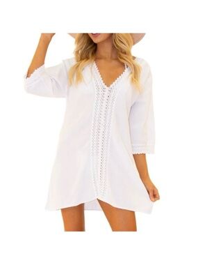 Seaspice Peruvian cotton white tunic swim cover dress resort wear crochet trim M